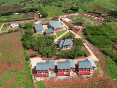 An aerial view of our eco village and eco farm, capturing the essence of a purposeful travel experience.