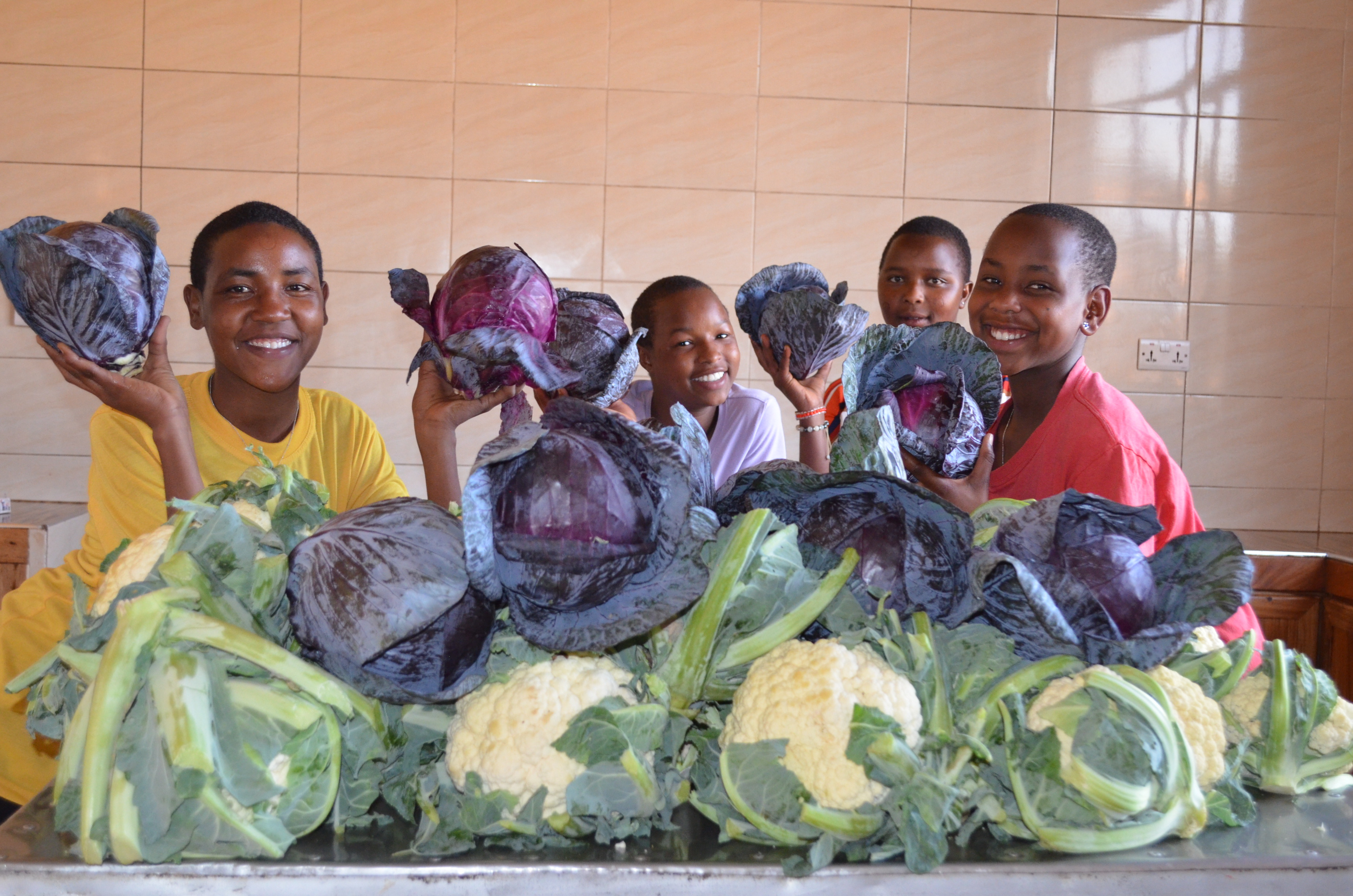 Faraja, Sinyati, Nandoye and Rachel with purple cabbage and massive heads of cauliflower