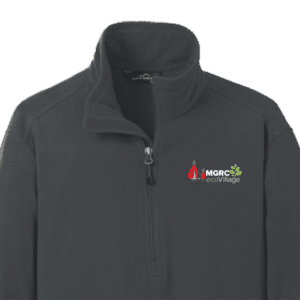 grey fleece quarter zip pullover with mgrc ecovillage logo