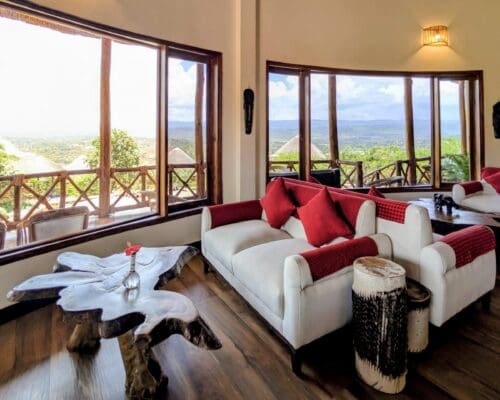 the sitting area inside the ecolodge overlooking rift valley